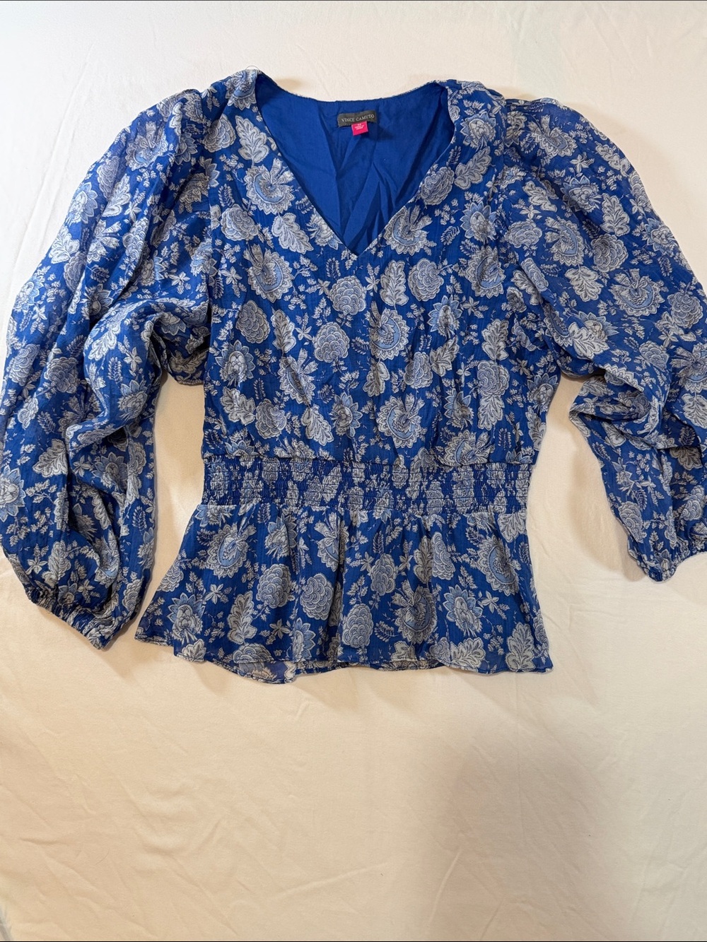 Vince Camuto Blue Floral V-Neck Peplum Blouse